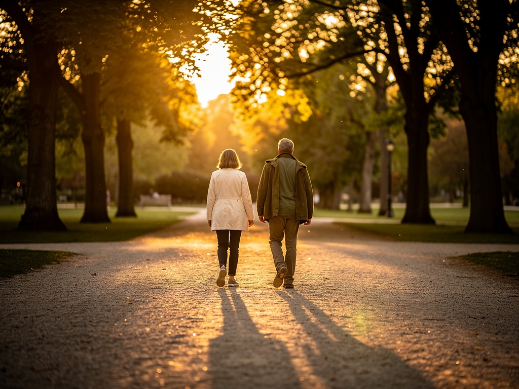 Personas caminando en el parque al atardecer
