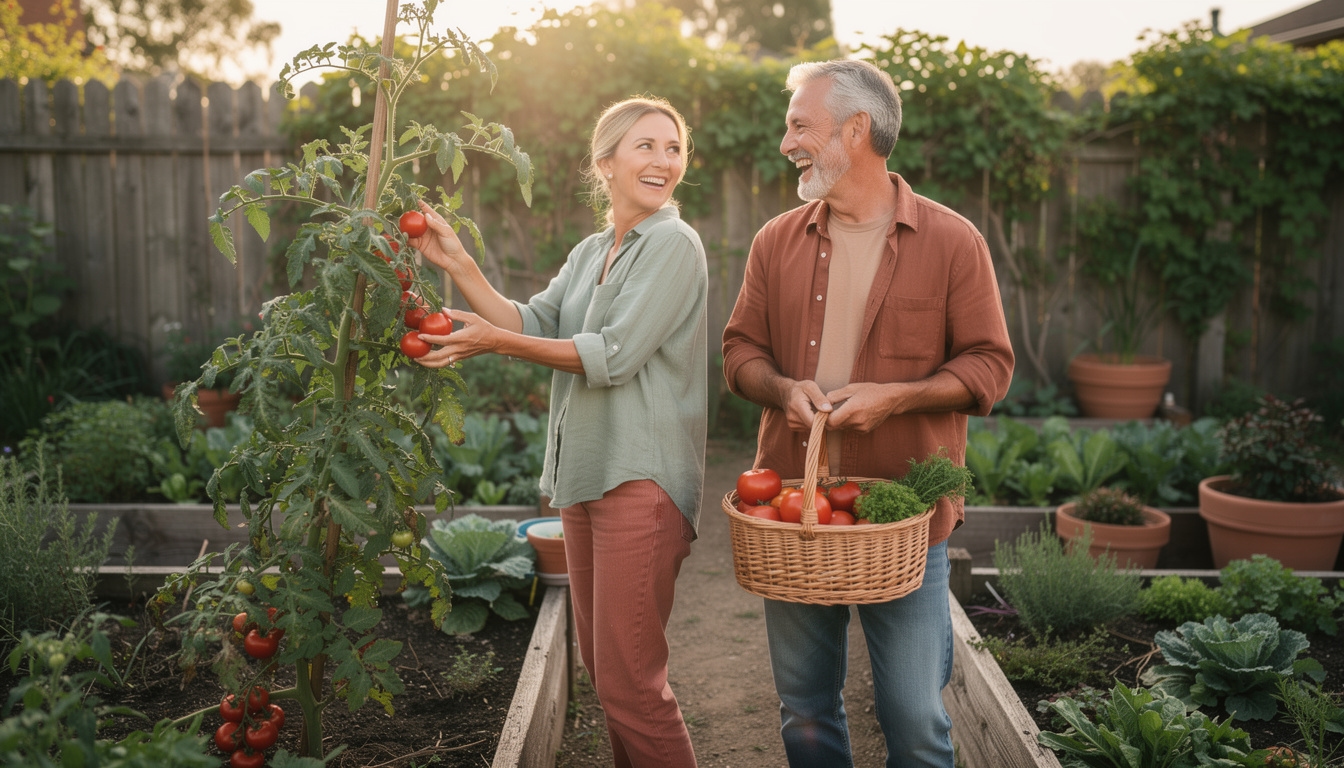 Pareja cultivando el huerto en un domingo tranquilo